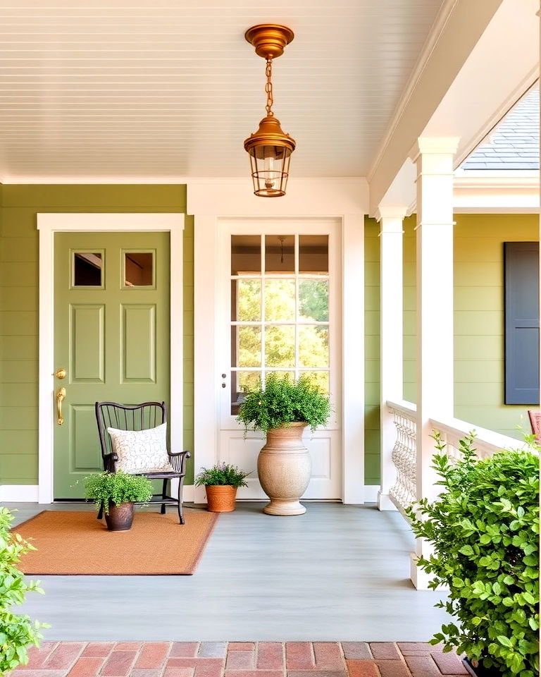 brass fixtures for farmhouse aesthetic - 25 Farmhouse Green Exterior Home Ideas