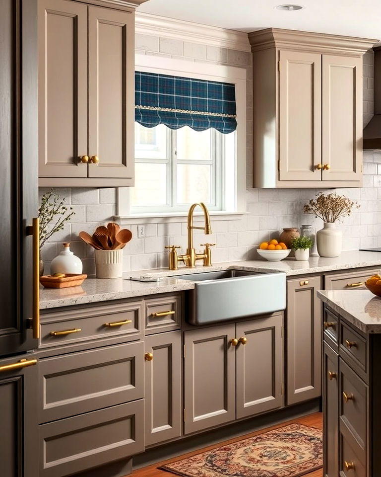 brass fixtures to add luxurious feel - 25 Taupe Kitchen Cabinet Ideas