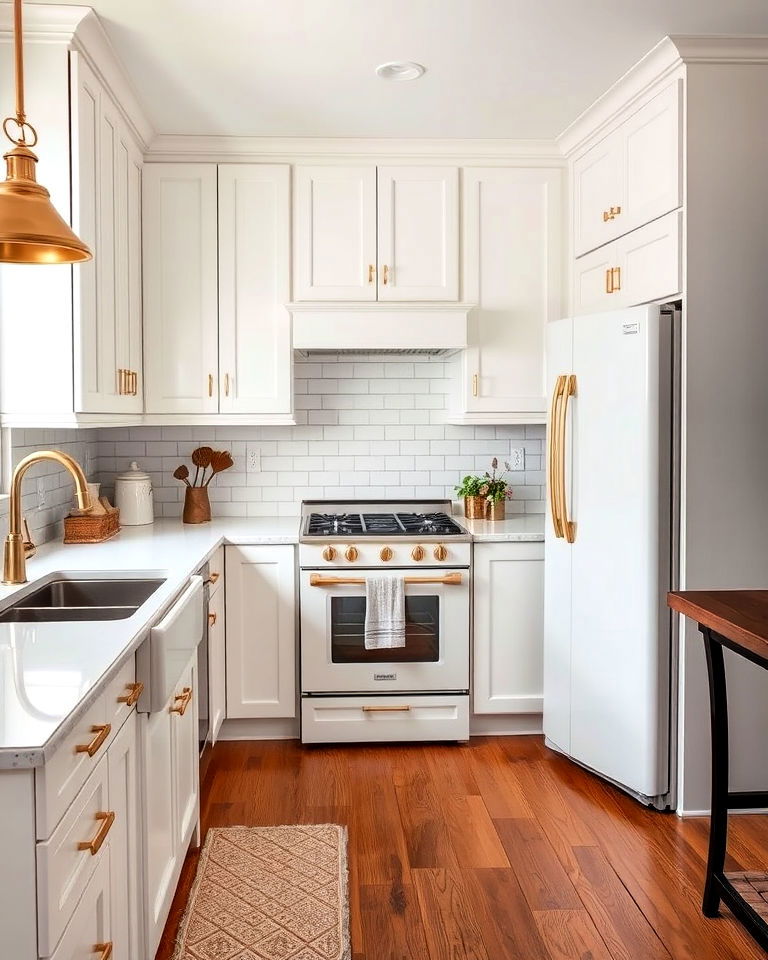 brass fixtures to add luxurious touch - 40 Kitchen With White Appliances Ideas