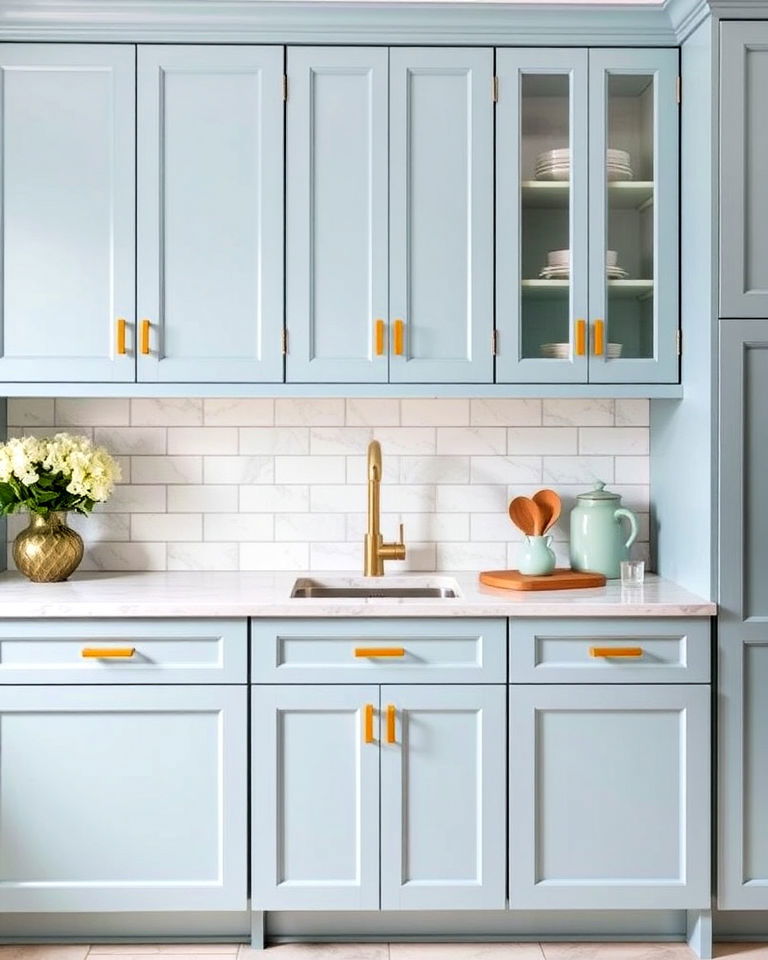 brass hardware for light blue cabinets - 20 Light Blue Kitchen Cabinets Ideas