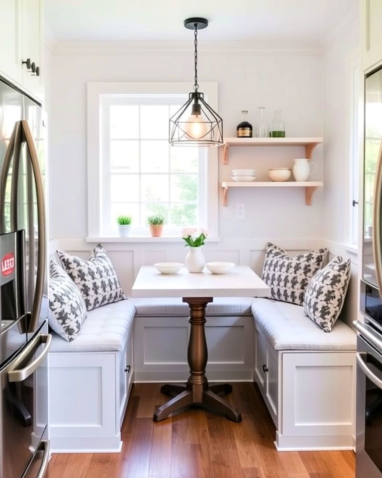 breakfast nook in white kitchen with stainless steel appliances - 25 White Kitchen with Stainless Steel Appliances Ideas