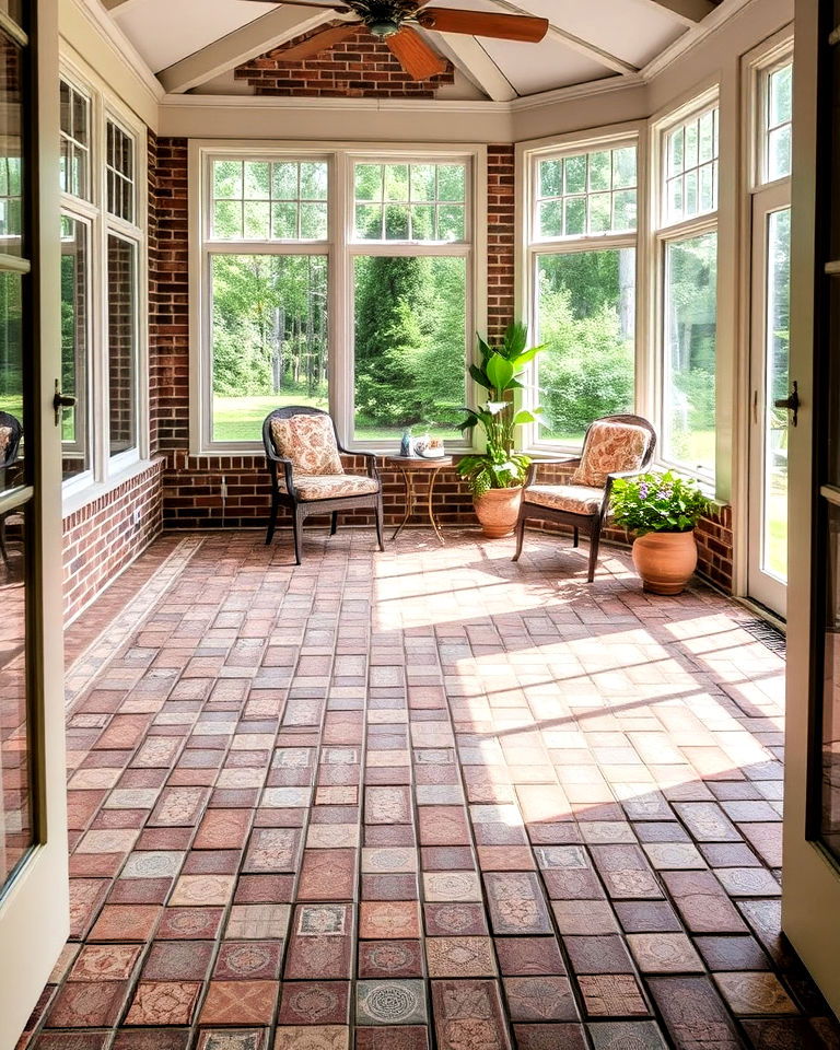 brick and tile combination for sunroom flooring - 20 Brick Floor Sunroom Ideas