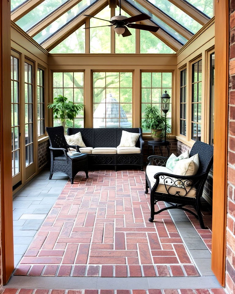 brick border design to frame the room - 20 Brick Floor Sunroom Ideas