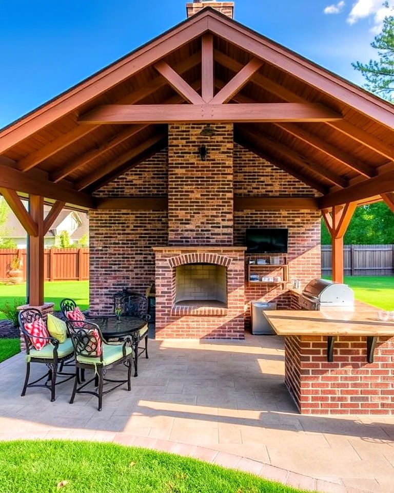 brick fireplace and outdoor kitchen for backyard pavilion - 15 Backyard Pavilions With Fireplaces