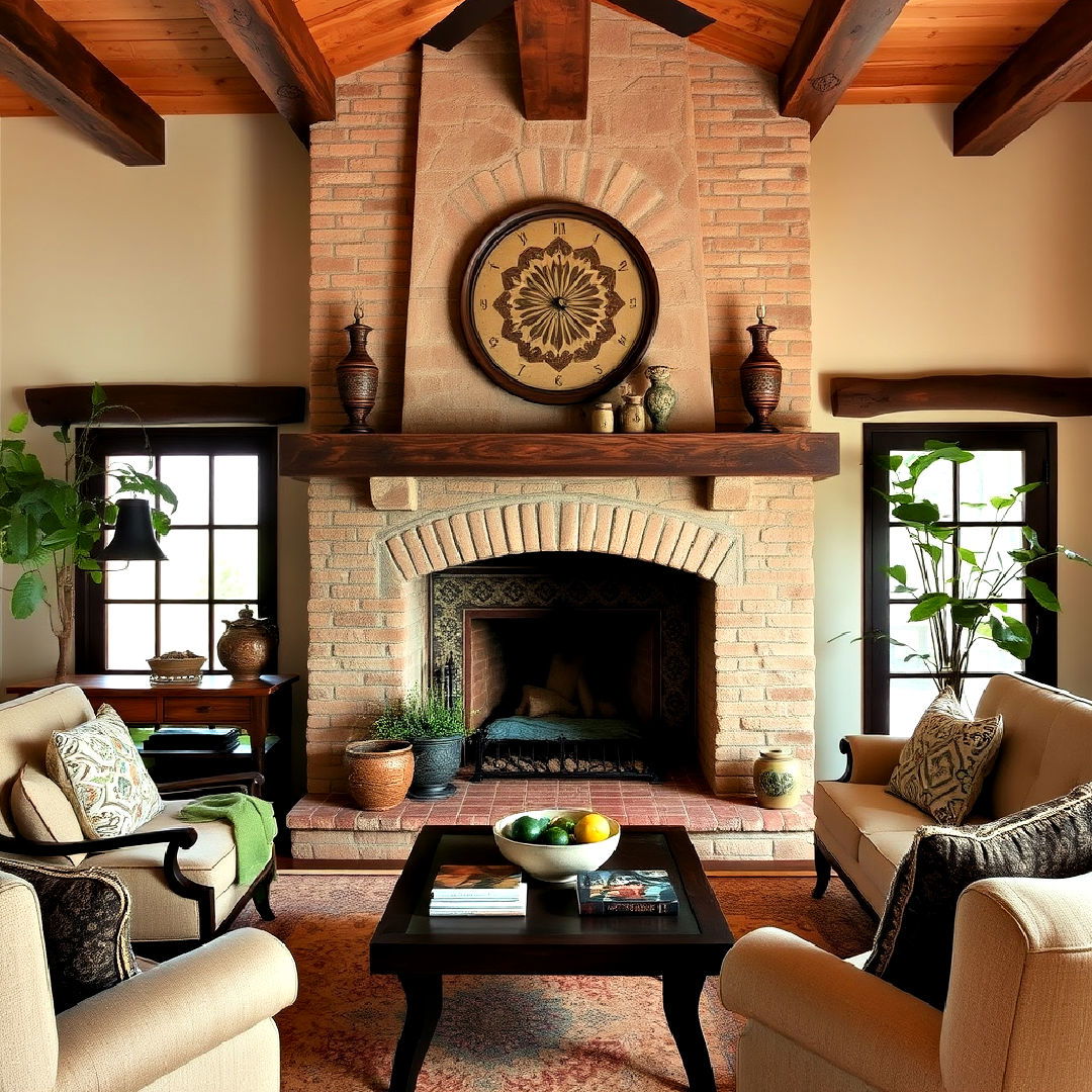 brick fireplace to add rustic charm - 25 Spanish Style Living Room Ideas