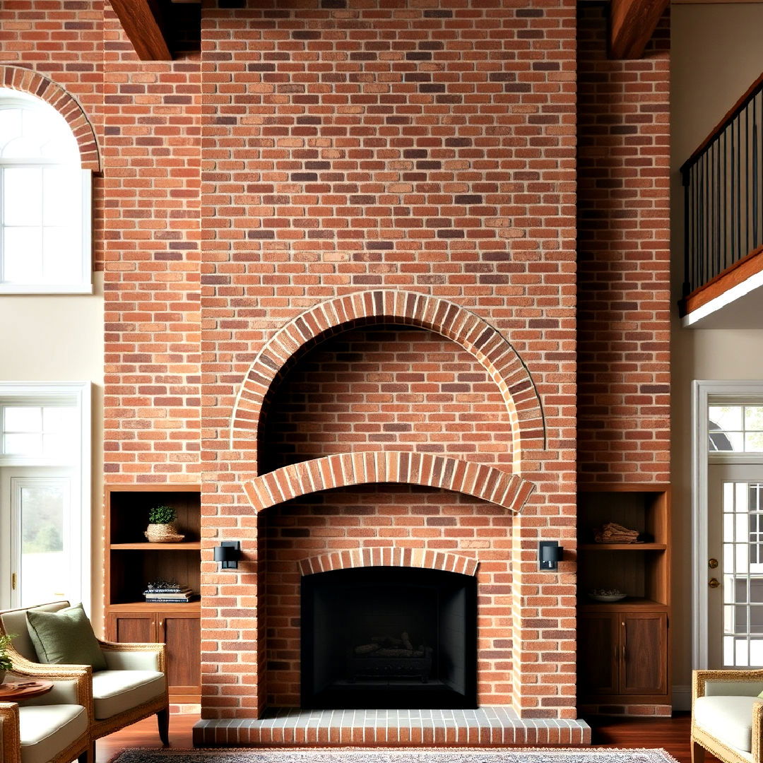 brick fireplace with arched opening - 25 Two-story Fireplace Ideas