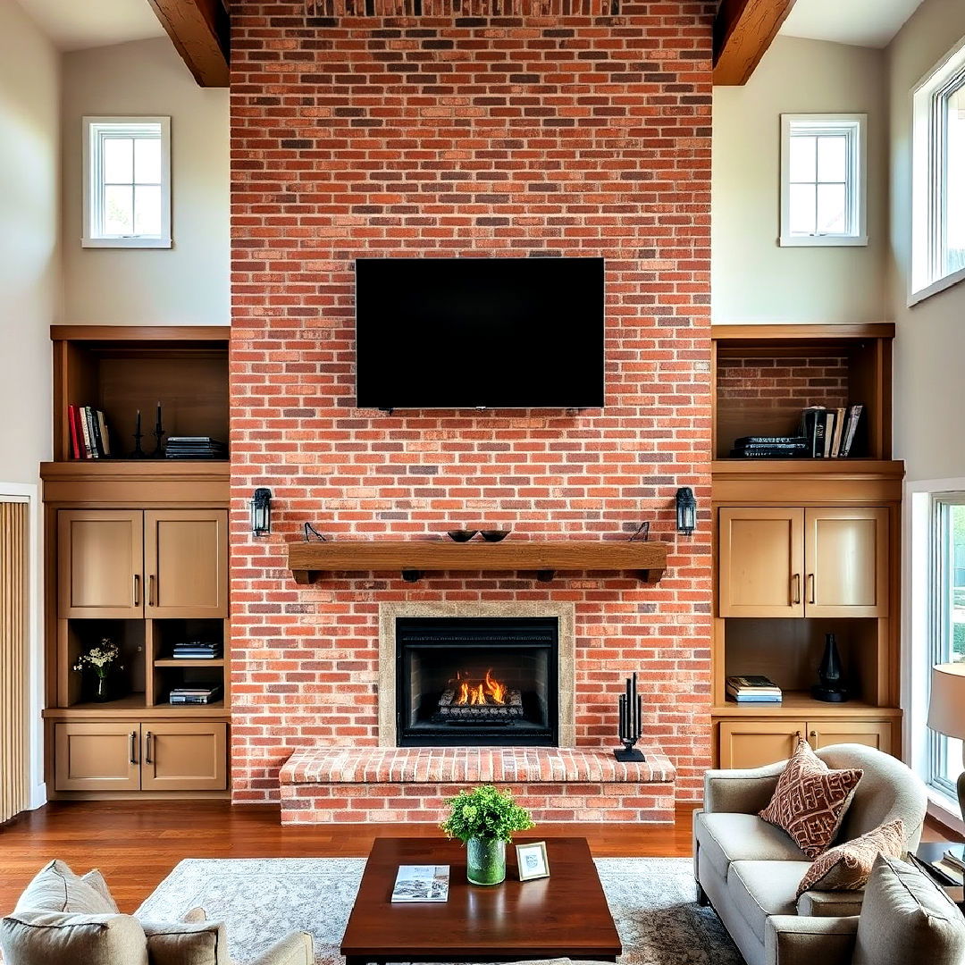 brick fireplace with built in storage - 25 Two-story Fireplace Ideas