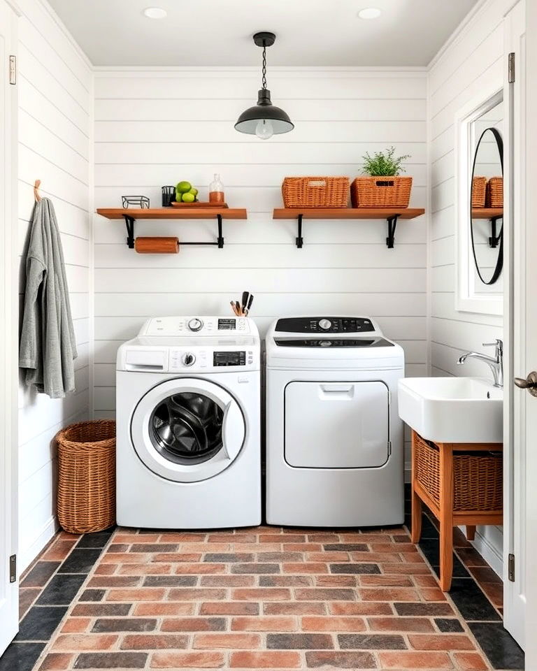 brick floor with contrasting border for laundry room - 15 Brick Floor Laundry Room Ideas
