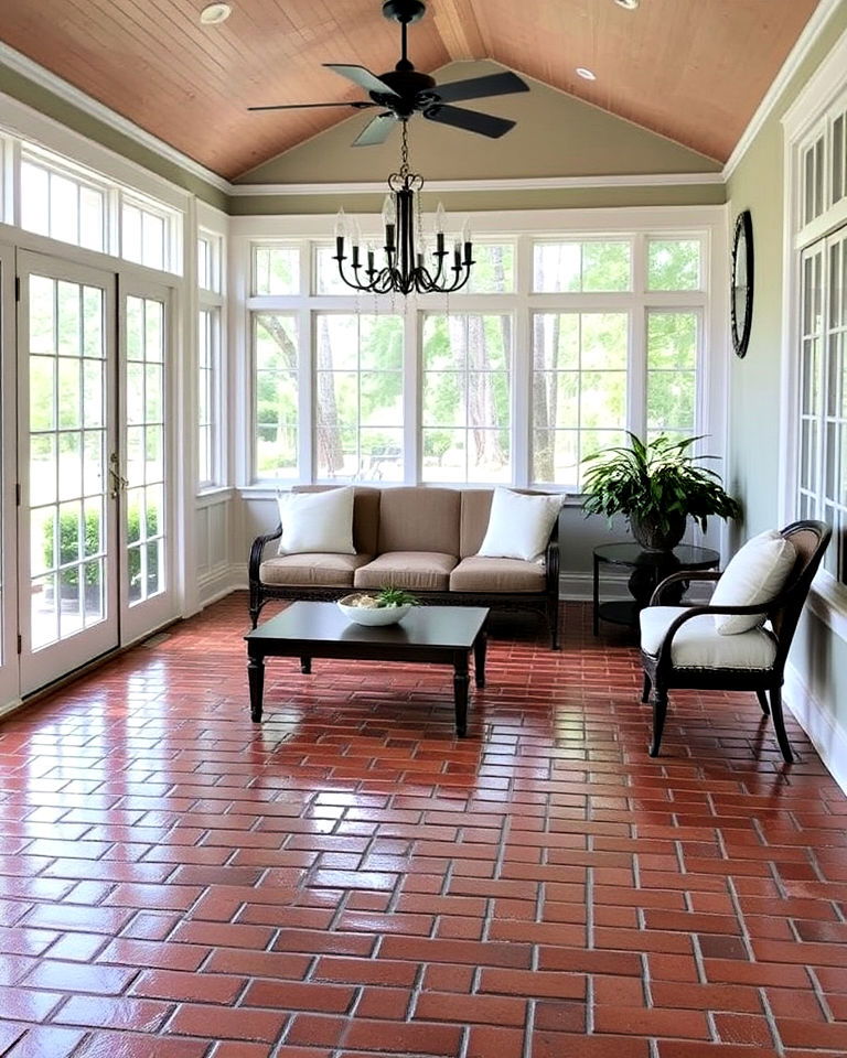 brick flooring with glossy finish - 20 Brick Floor Sunroom Ideas