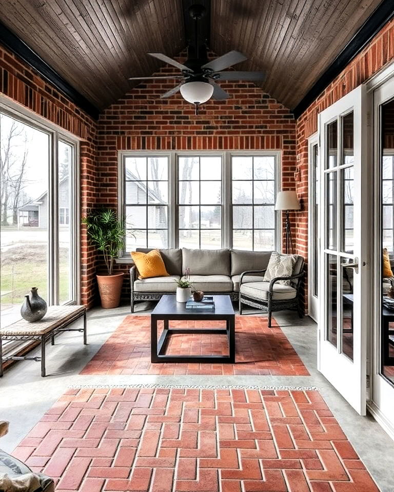 brick inlay with concrete for sunroom floor - 20 Brick Floor Sunroom Ideas