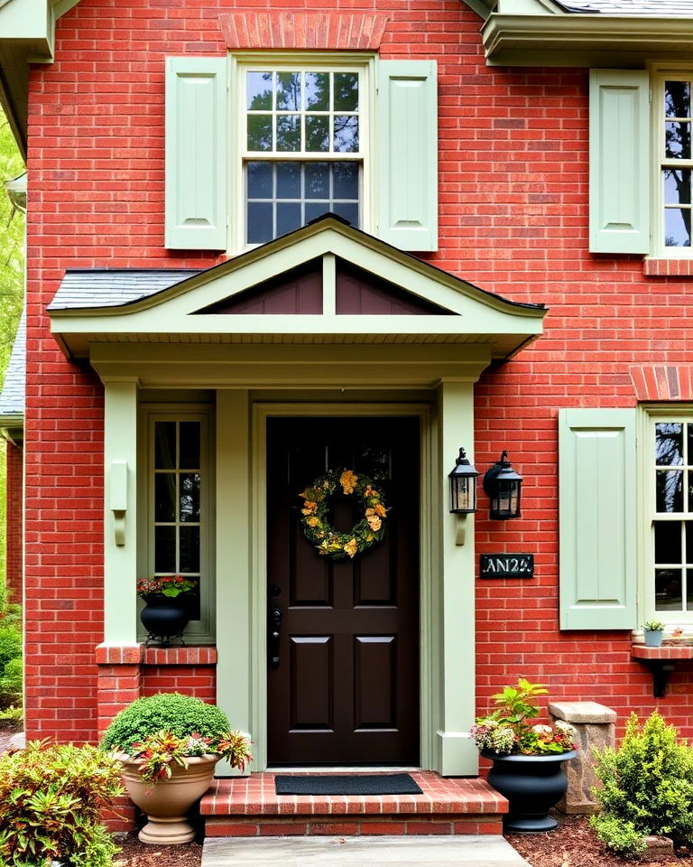 brick red exterior with sage green accents - 20 Dark Red House Exterior Ideas