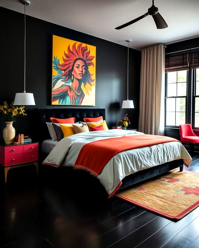 bright accent colors for black floor bedroom - 20 Black Floor Bedroom Ideas