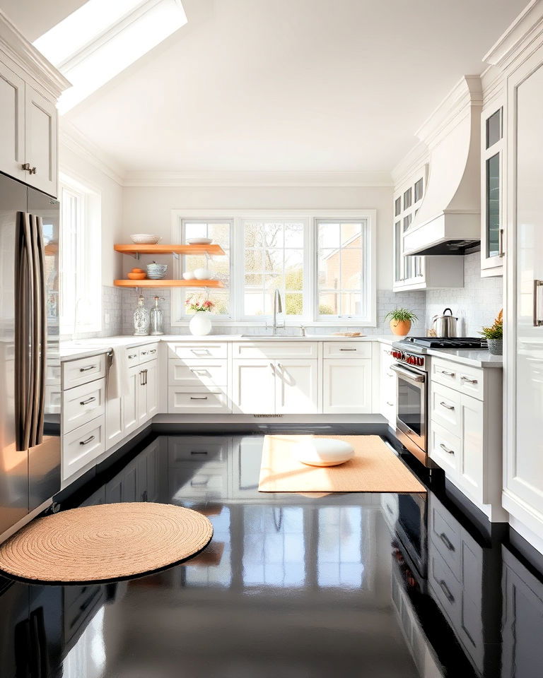 bright and airy kitchen with black floor - 20 Black Floor Kitchen Ideas