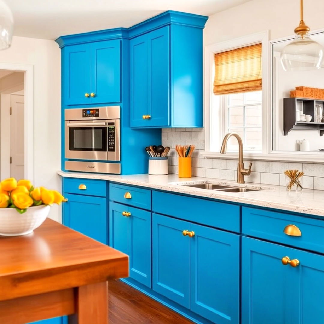 bright blue cabinets with vintage gold cup pulls - 30 Blue Kitchen Cabinets With Gold Hardware