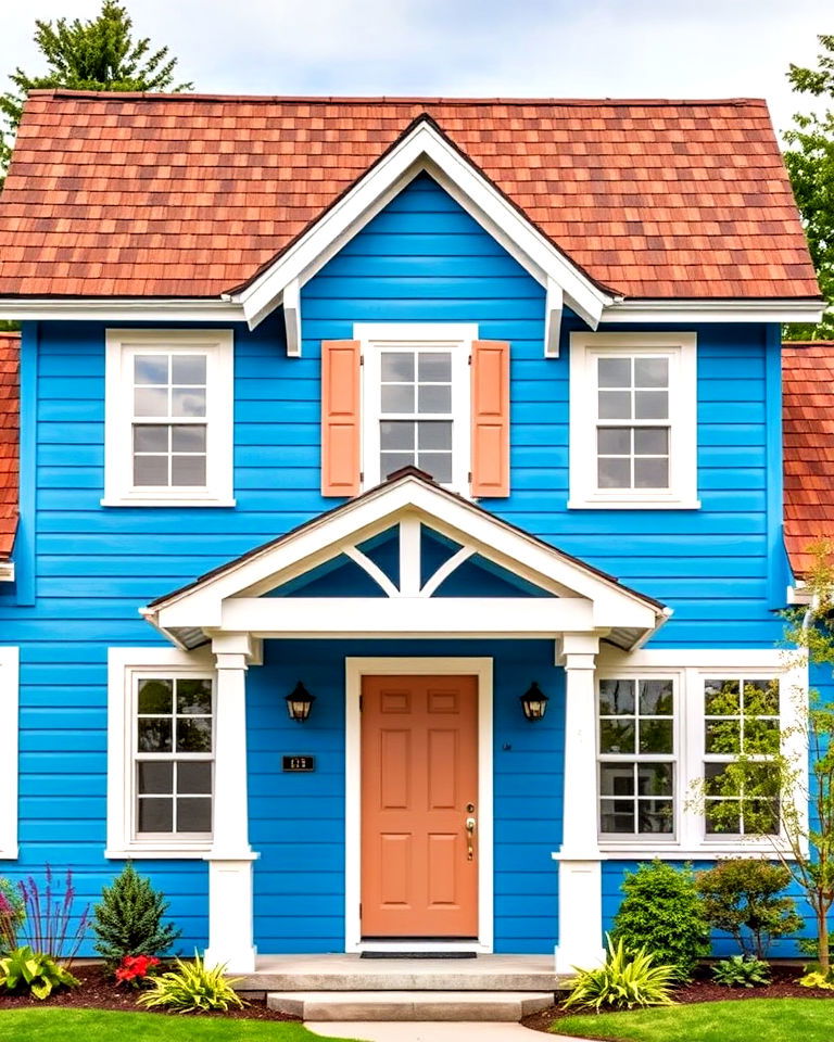 bright blue exterior and rustic brown shingles - 25 Blue Exterior Home With a Brown Roof Ideas