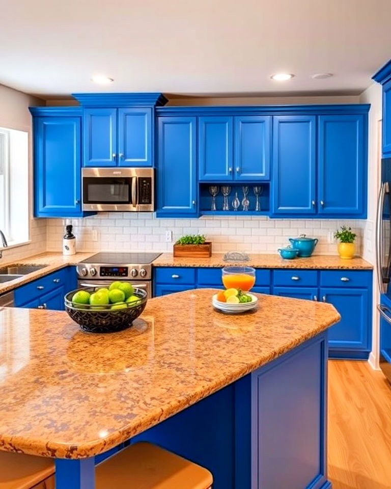 bright cerulean cabinets and brown granite countertops - 20 Blue Kitchen Cabinets With Brown Granite Countertops