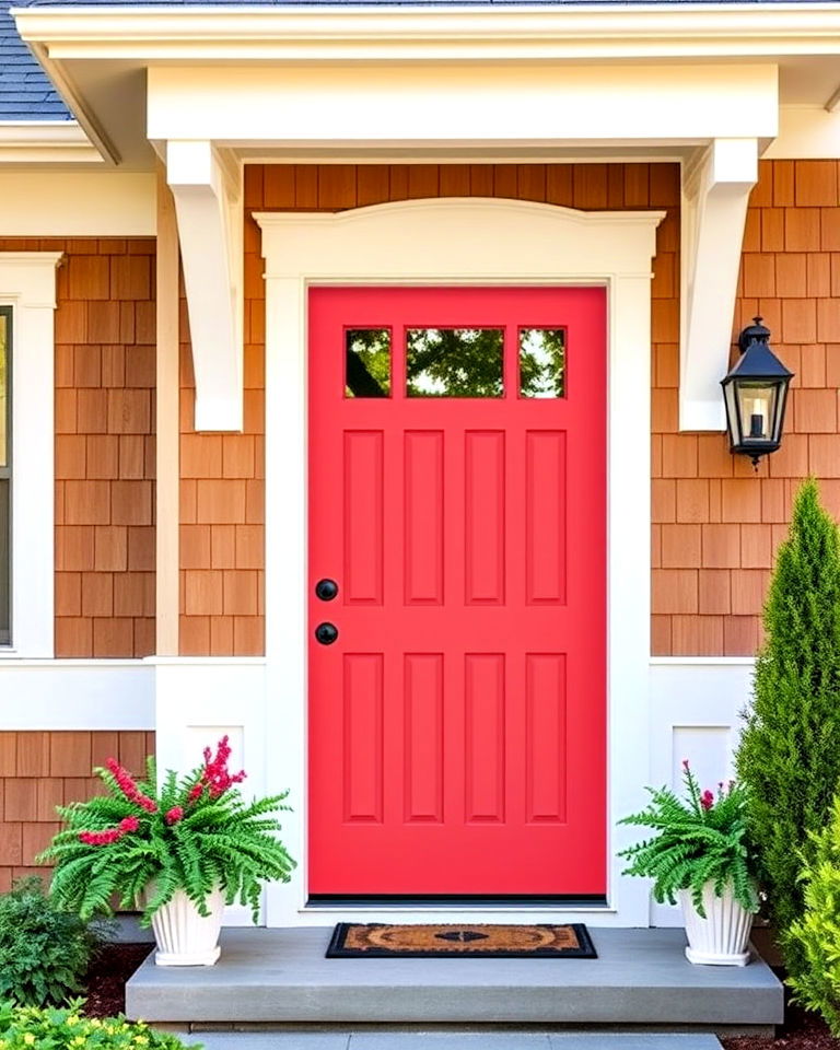 bright coral front door - 20 Cedar Front Door Colors Ideas