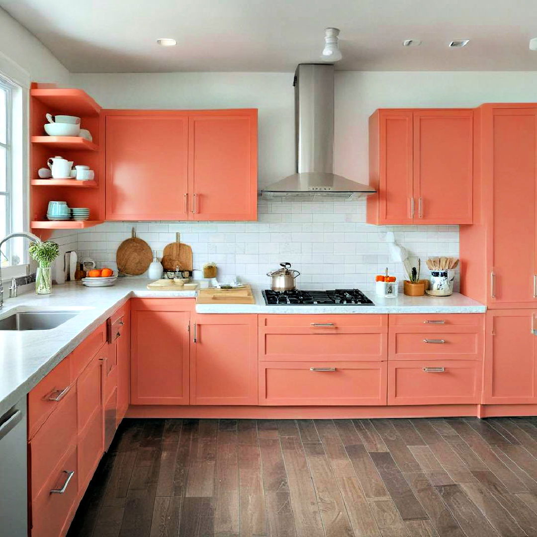bright coral painted cabinet - 40 Painted Kitchen Cabinet Ideas