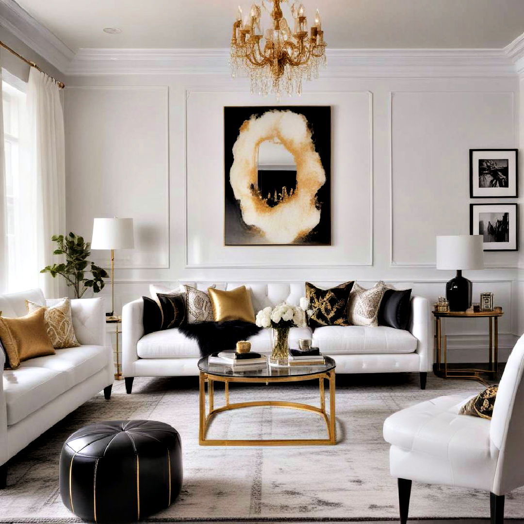bright gold accents - 30 Black and White Living Room Ideas