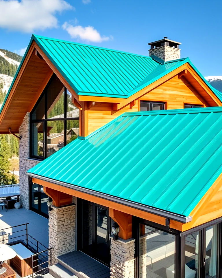 bright teal roof for contemporary chalet - 25 Houses With Blue Metal Roofs