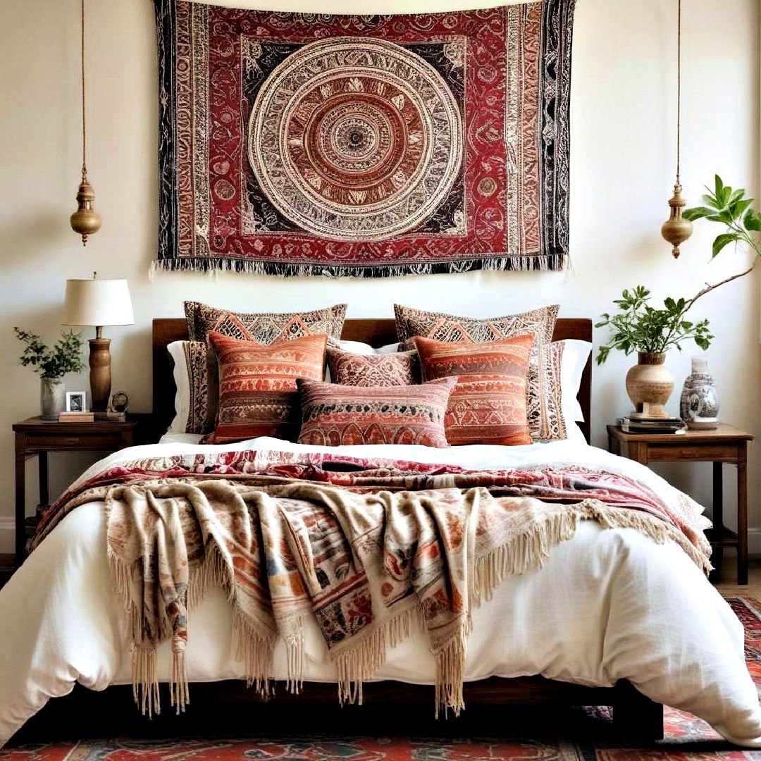 bring cultural richness with ethnic textiles - 40 Boho Bedroom Ideas