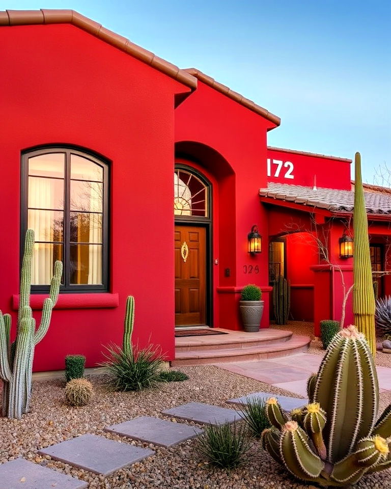 bronze fixtures with sunset red exterior - 20 Dark Red House Exterior Ideas