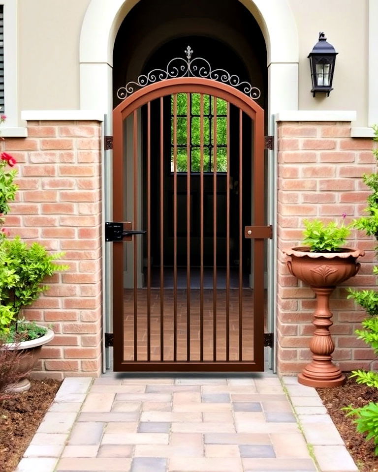 bronze toned metal gate for cohesive look - 25 Metal Garden Gate Ideas