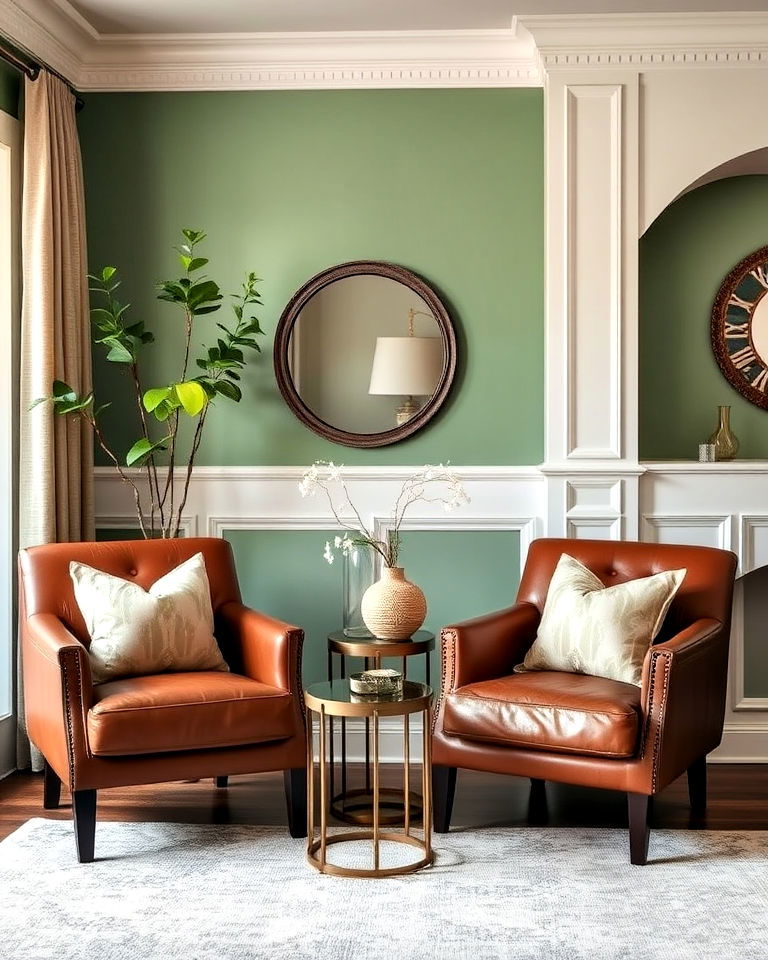 brown accent chairs and sage green decor - 20 Sage Green and Brown Living Room Ideas