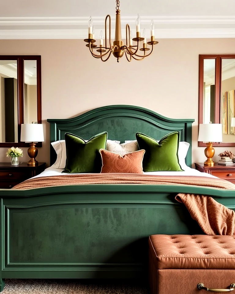 brown accents and hunter green bed frame - 20 Green and Brown Bedroom Ideas