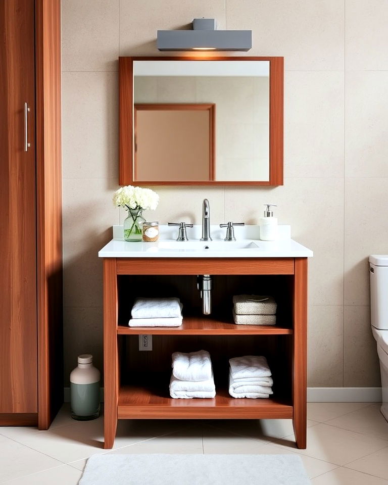 brown and white vanity with open shelving for bathroom - 15 Brown and White Bathroom Ideas