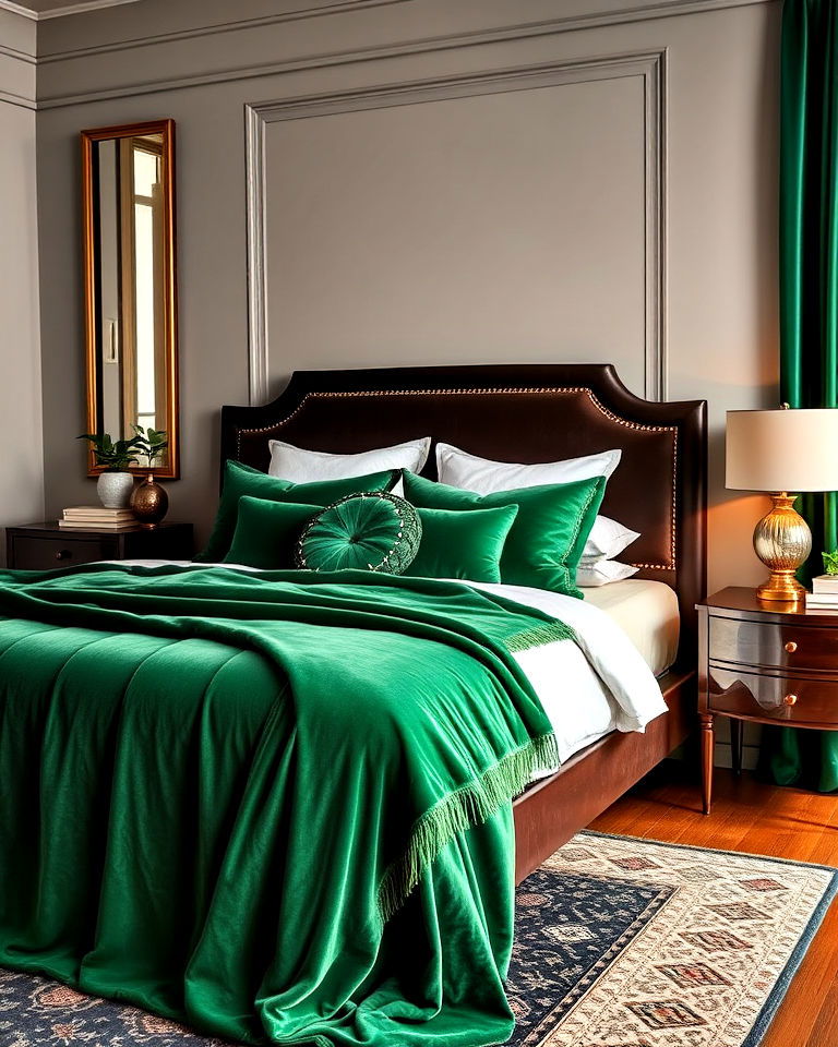 brown bed frame and emerald green velvet throw - 20 Green and Brown Bedroom Ideas