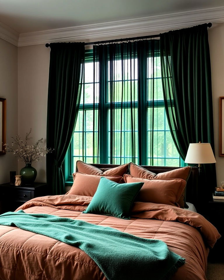 brown bedding with dark green curtains - 20 Green and Brown Bedroom Ideas
