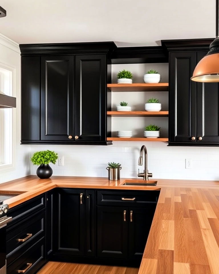 brown butcher block countertops and black cabinets - 20 Black and Brown Kitchen Ideas