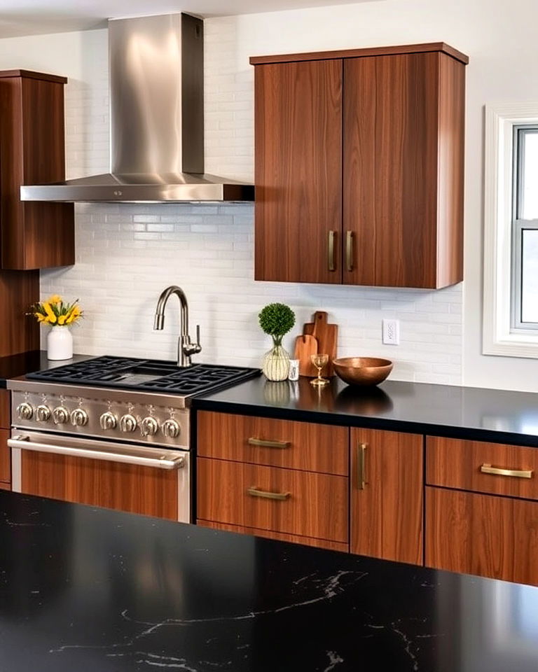 brown cabinets with durable black quartz countertops - 20 Kitchen with Brown Cabinets and Black Countertops Ideas