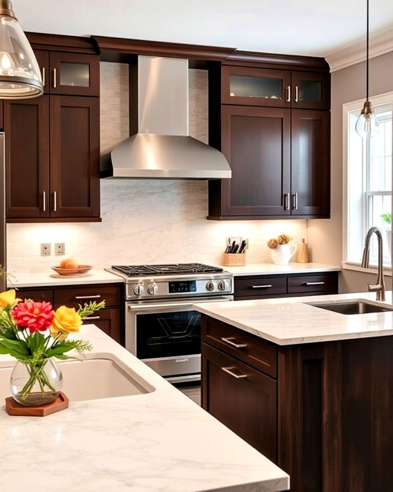 brown cabinets with low maintenance quartz countertops - 25 Brown Kitchen Cabinets Ideas