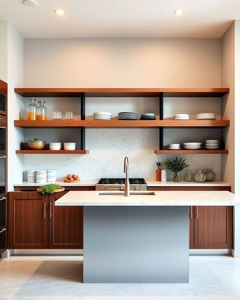 brown cabinets with open shelving ideas - 25 Brown Kitchen Cabinets Ideas