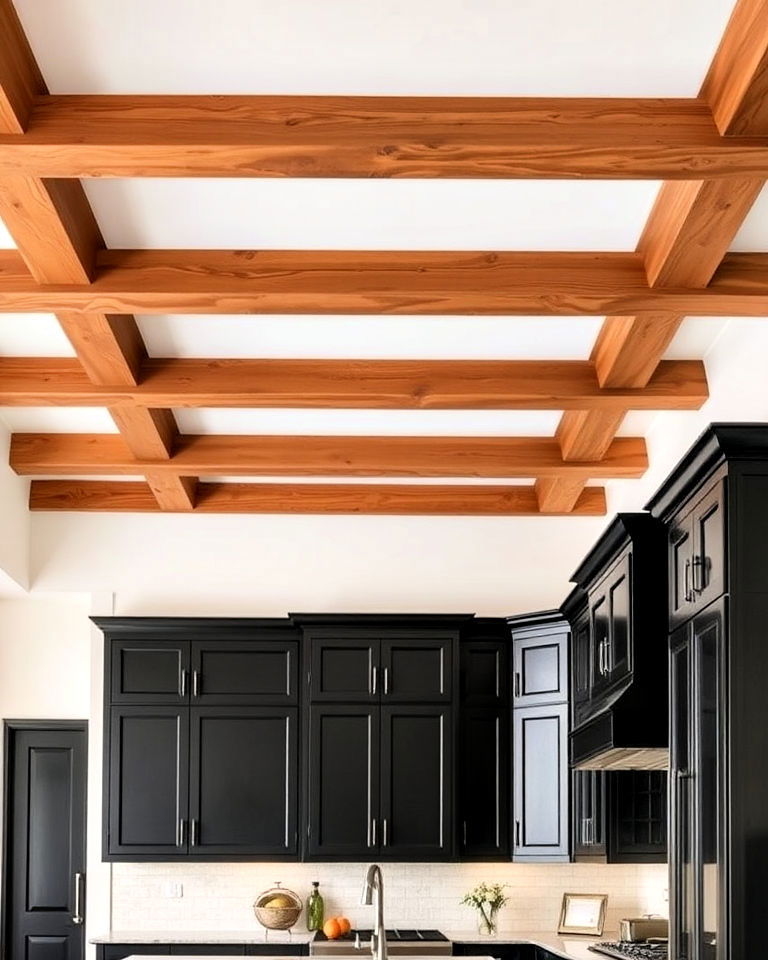 brown ceiling beams with black cabinetry for kitchen - 20 Black and Brown Kitchen Ideas