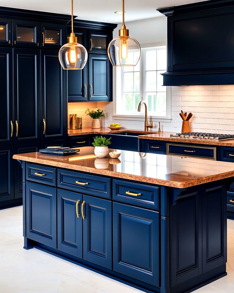 brown granite countertops with midnight blue cabinets - 20 Blue Kitchen Cabinets With Brown Granite Countertops