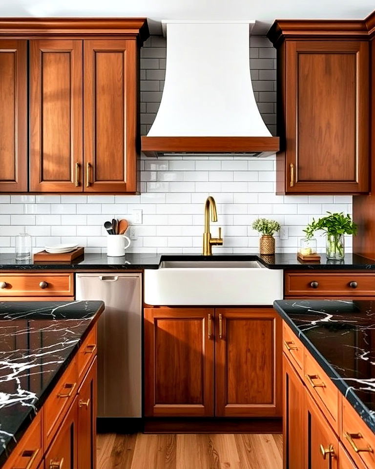 brown kitchen cabinets and black marble countertops - 20 Kitchen with Brown Cabinets and Black Countertops Ideas