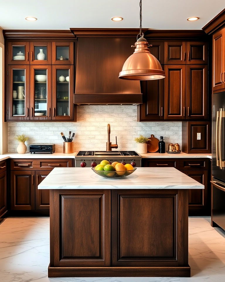 brown kitchen cabinets with copper accents - 25 Brown Kitchen Cabinets Ideas