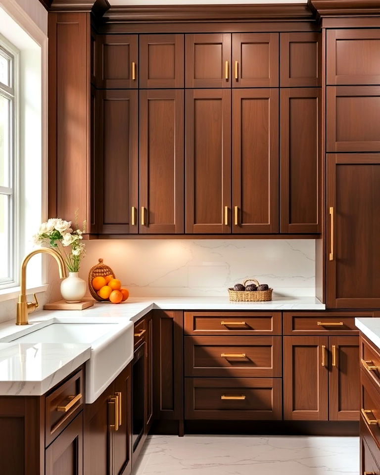 brown kitchen cabinets with gold hardware - 25 Brown Kitchen Cabinets Ideas