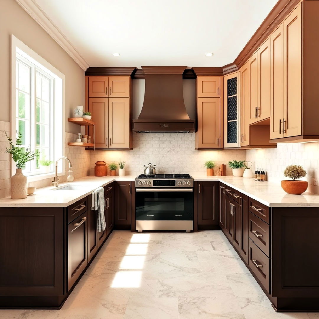 brown kitchen with two tone color scheme - 20 Brown Kitchen Ideas