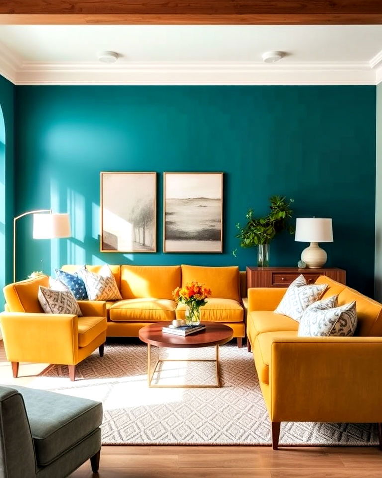brown living room with sage green throw - 25 Teal and Yellow Living Room Ideas