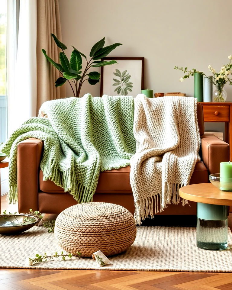 brown living room with sage green throw - 20 Sage Green and Brown Living Room Ideas