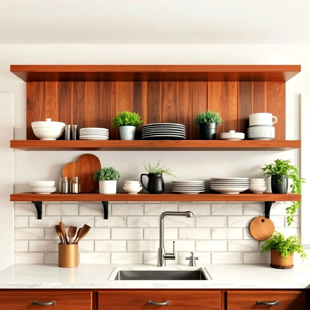 brown open shelving to add rustic touch - 20 Brown Kitchen Ideas