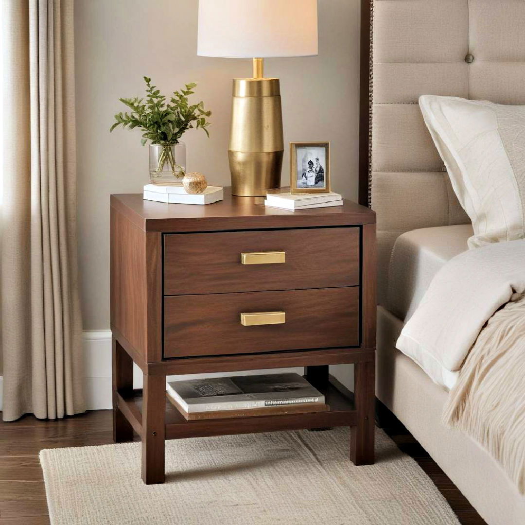 brown wood nightstand with brass hardware - 25 Brown Bedroom Ideas