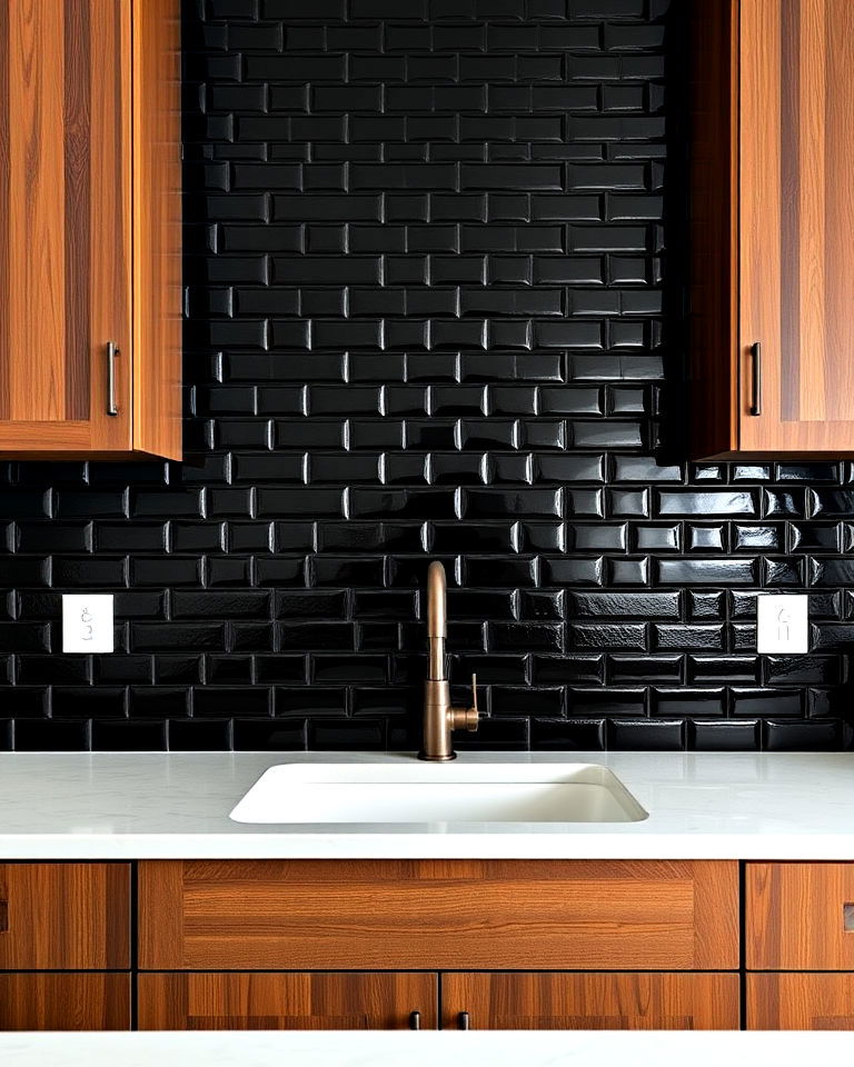 brown wooden accents and black backsplash - 20 Black and Brown Kitchen Ideas