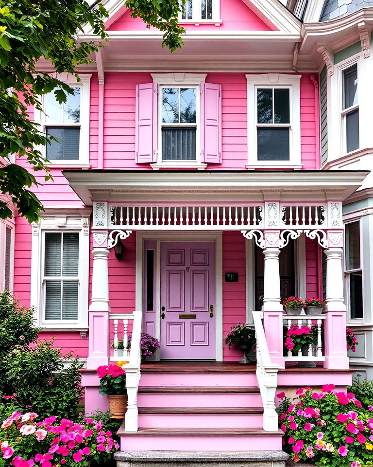 bubblegum pink home with white and lilac accents - 25 Pink Victorian House Ideas