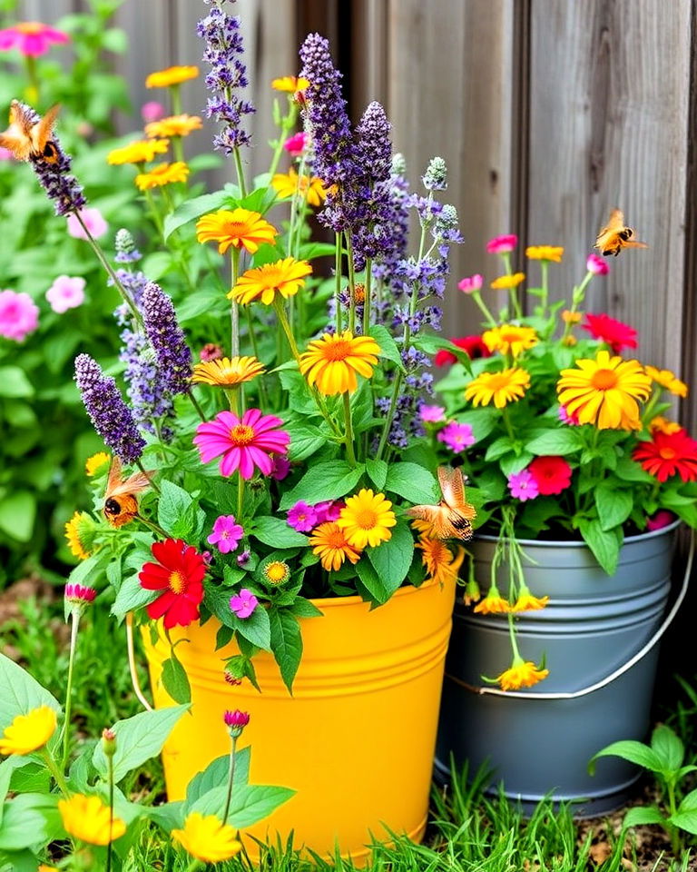buckets filled with nectar rich plants - 20 Bucket Garden Ideas