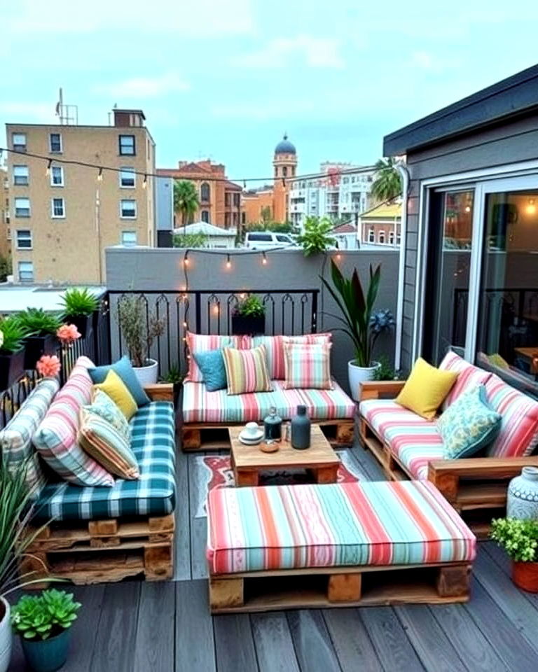 budget friendly pallet seating with cushions - 25 Balcony Seating Ideas